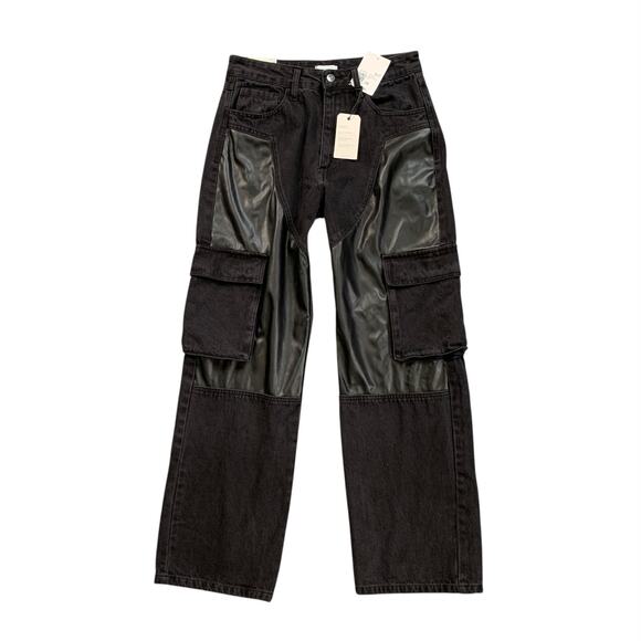 Forever 21 Denim - Forever 21 Pants Womens 28 Mixed Media Cargo Faux Leather Paneled Wide Straight